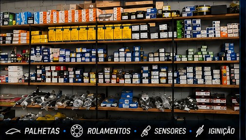 Prateleira de palhetas, rolamentos, sensores e peças de ignição na Mecânica Osmar Autopeças